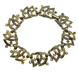 Vintage Crown Trifari 1950’s gold tone interlocking heart bracelet rhinestones